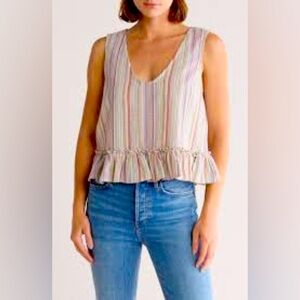 Tart Bray Linen Blend Stripe Multi-Color Ruffle Sleeveless Top size Medium NWT